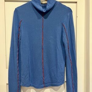 Eve Gravel Blue Turtleneck Sweater with Red Trim